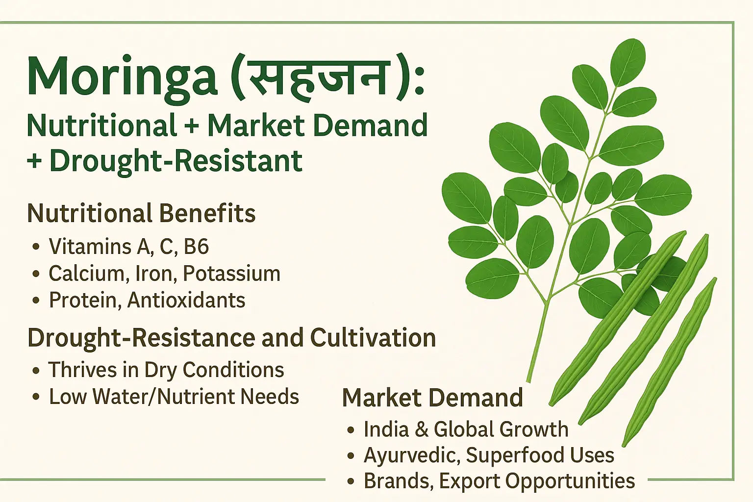 Illustrated infographic showing Moringa (सहजन) plant with pods and leaves, highlighting its nutritional benefits, drought resistance, and market demand.