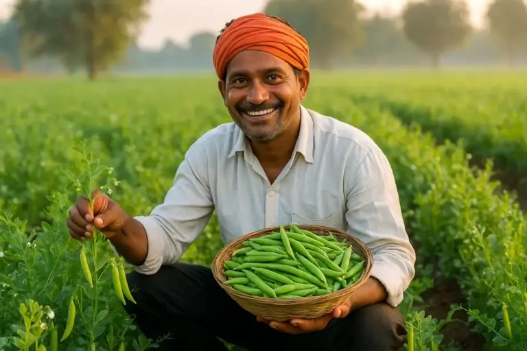 A smiling Indian farmer in a turban holding a basket full of fresh green peas in a lush pea field during early morning.