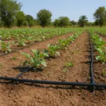 खेत में लगाए गए ड्रिप सिंचाई पाइप