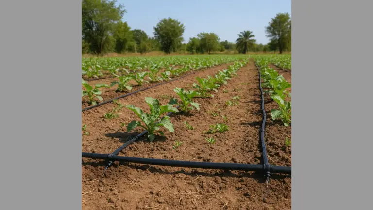 खेत में लगाए गए ड्रिप सिंचाई पाइप
