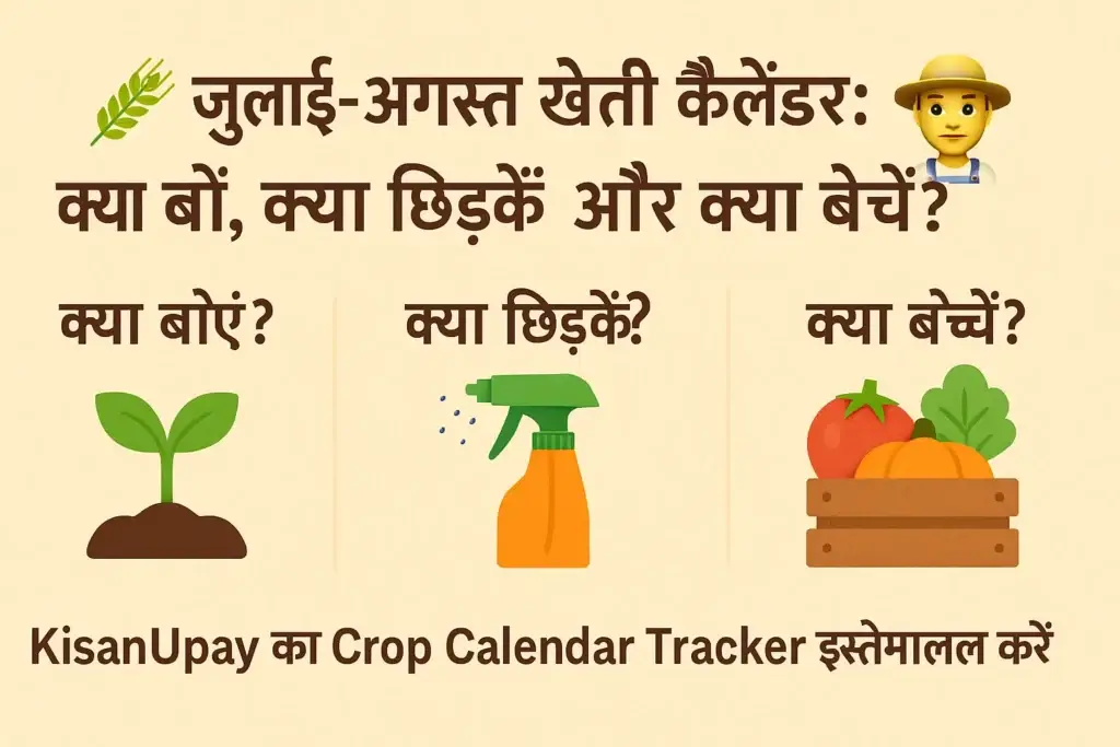 जुलाई–अगस्त खेती कैलेंडर: क्या बोएं, क्या छिड़कें और क्या बेचें – KisanUpay Crop Calendar Tracker के साथ