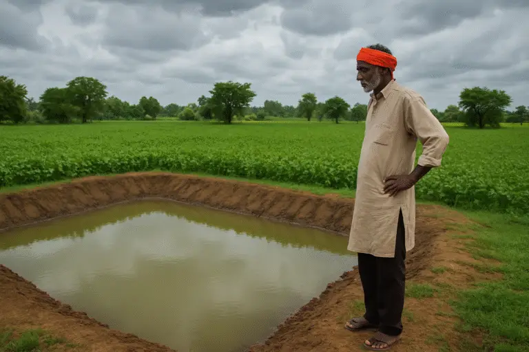 मानसून में रेनवॉटर हार्वेस्टिंग तालाब का निरीक्षण करता किसान